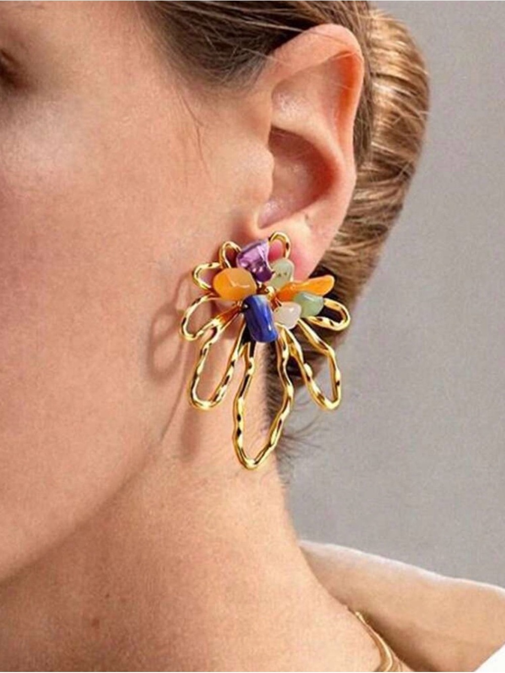 Gold Floral Loop Earrings with Multicolor Stone Chips - Picture 5 of 6